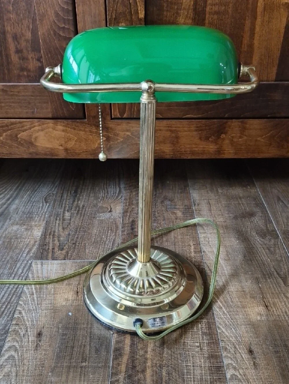 Green Banker Table Lamp with Brass Colored Base